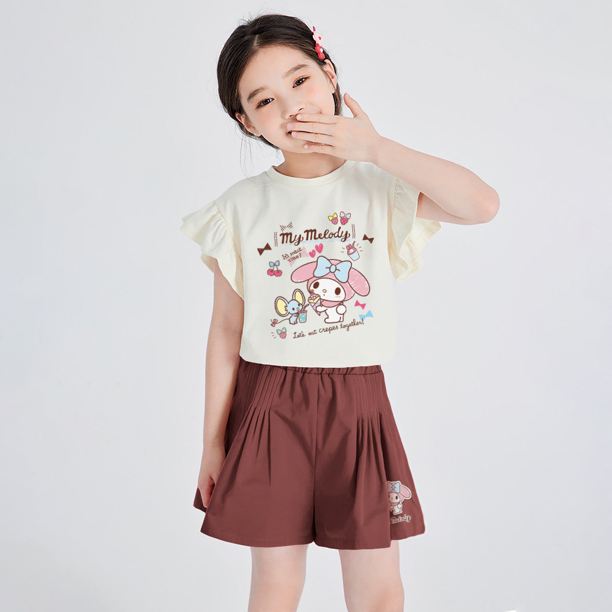 フリル袖 柔らか生地 カジュアル Tシャツ+ショートパンツ セットアップ n-141