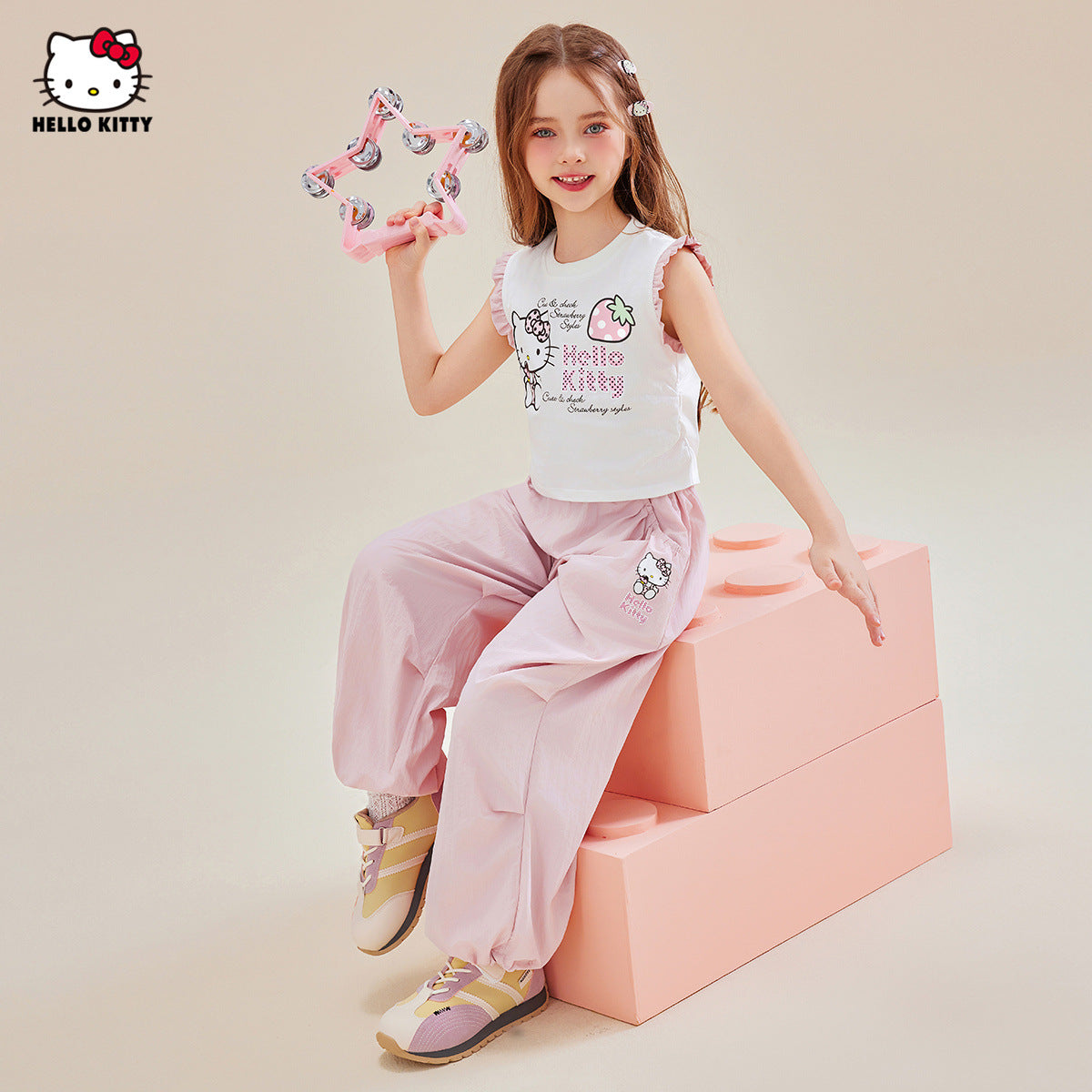 配色 フリル ノースリーブ トップス+カジュアルパンツ セットアップ n-333