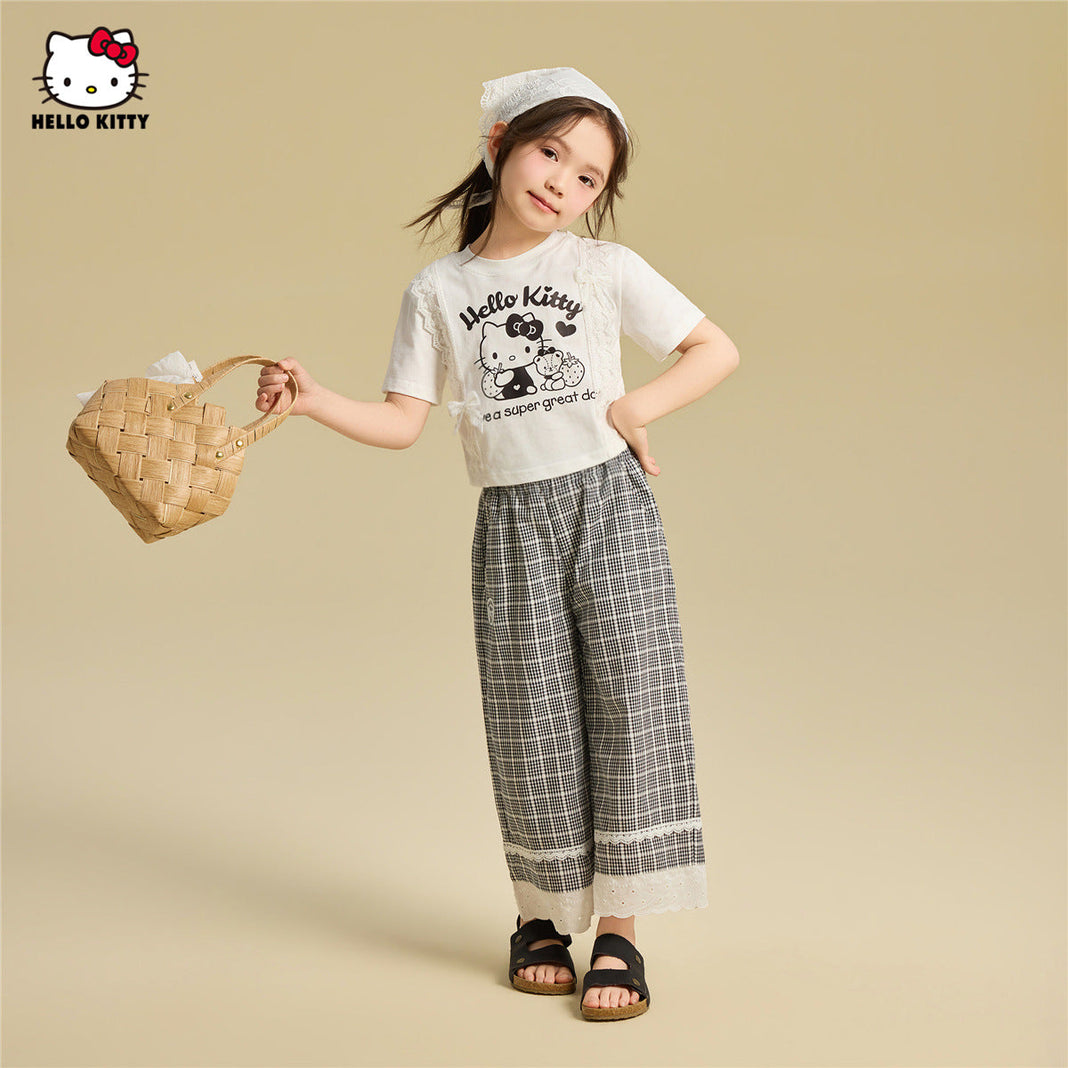 かわいい プリント フリル トップス+チェック カジュアルパンツ セットアップ n-339