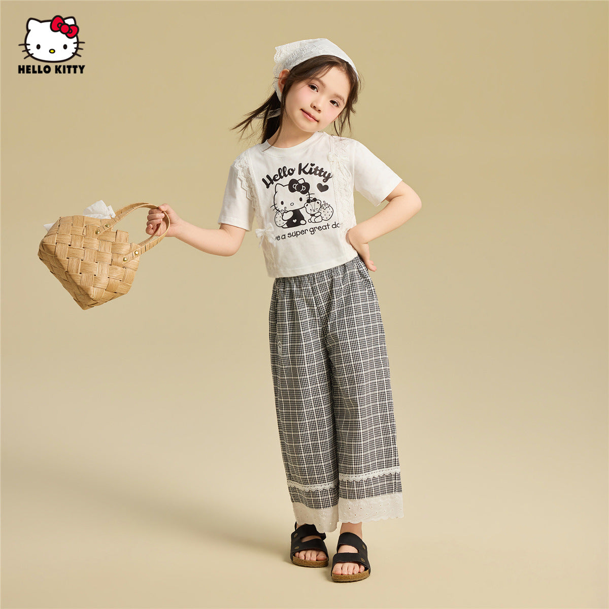 かわいい プリント フリル トップス+チェック カジュアルパンツ セットアップ n-339
