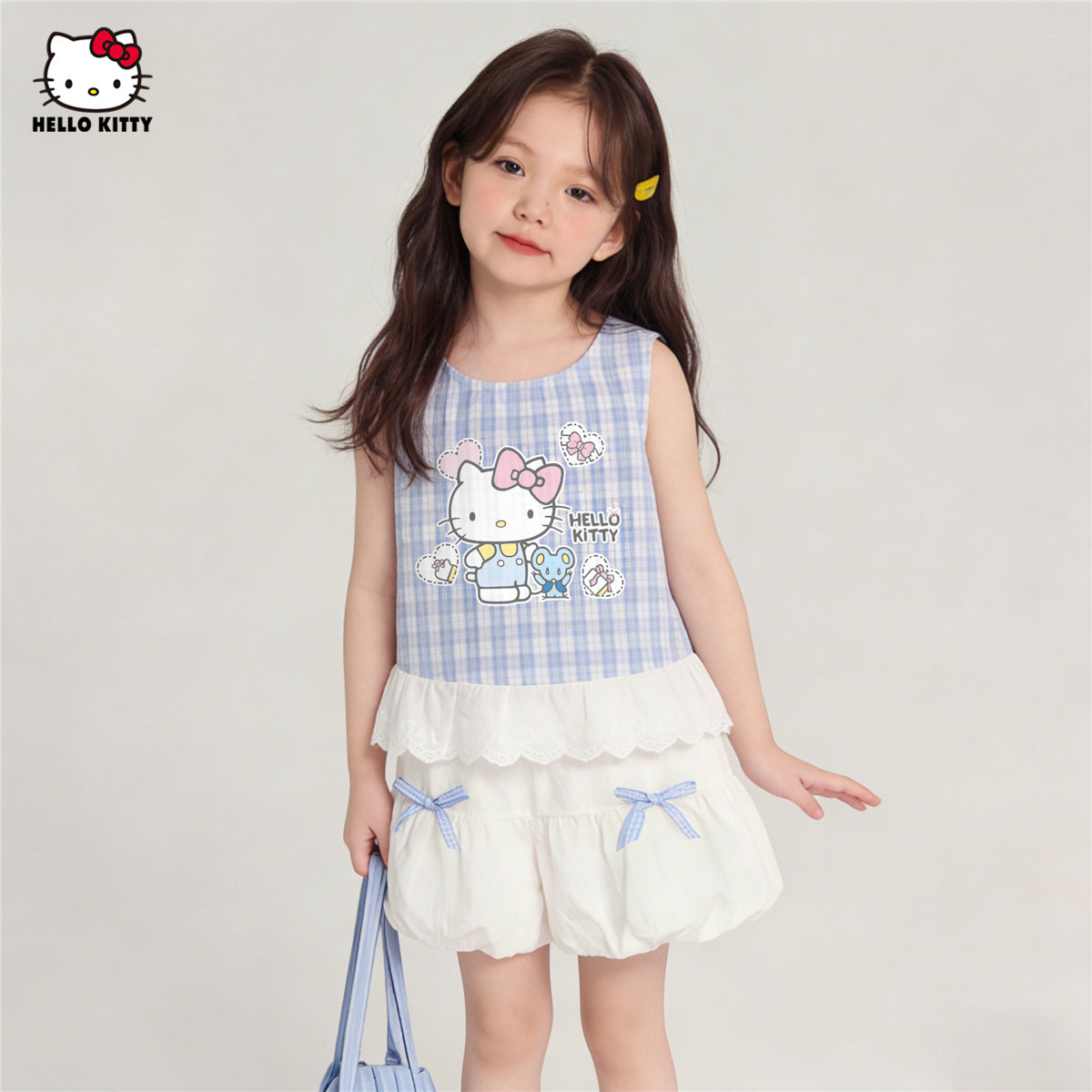 夏にぴったり 水色 チェック柄 可愛い Tシャツ+ショートパンツ セットアップ n-311