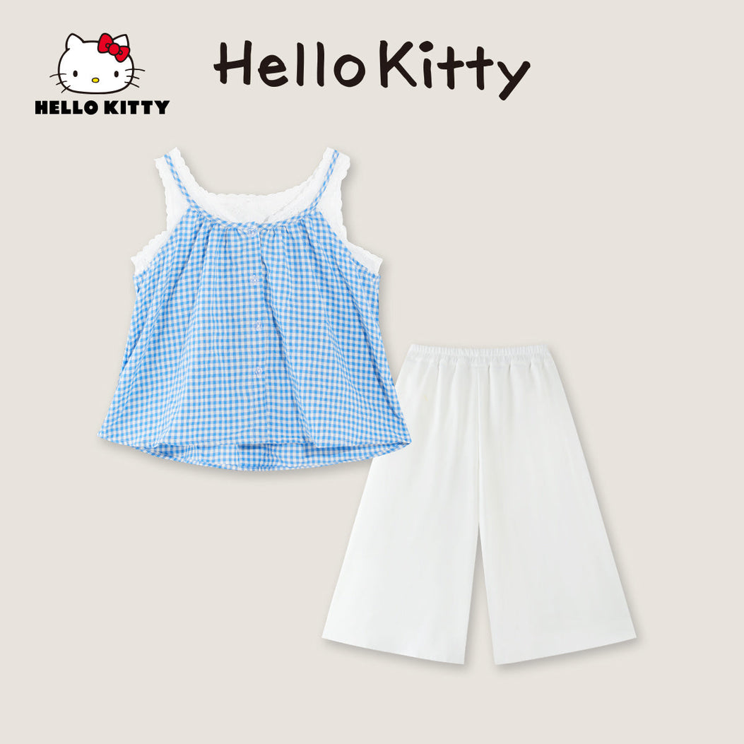 水色 チェック さらさら 夏用 トップス+パンツ セットアップ n-290
