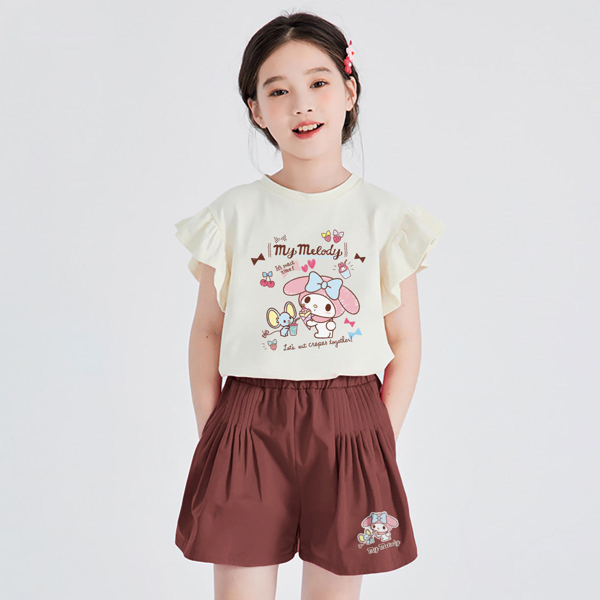 フリル袖 柔らか生地 カジュアル Tシャツ+ショートパンツ セットアップ n-141