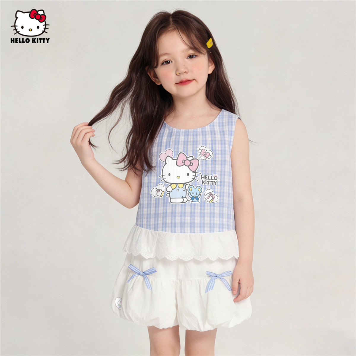 夏にぴったり 水色 チェック柄 可愛い Tシャツ+ショートパンツ セットアップ n-311