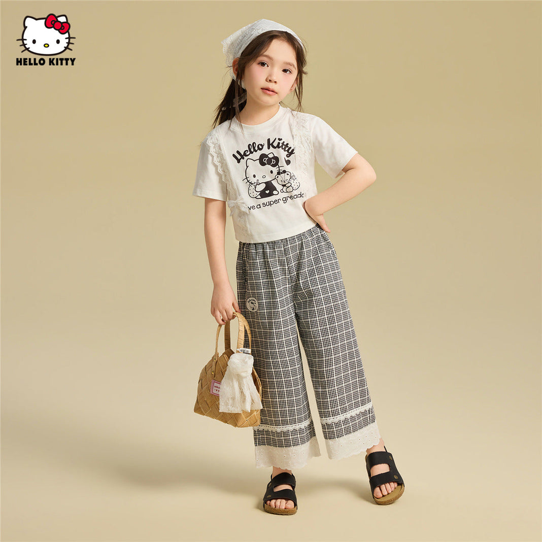 かわいい プリント フリル トップス+チェック カジュアルパンツ セットアップ n-339