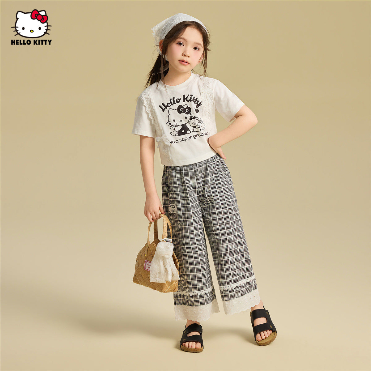 かわいい プリント フリル トップス+チェック カジュアルパンツ セットアップ n-339