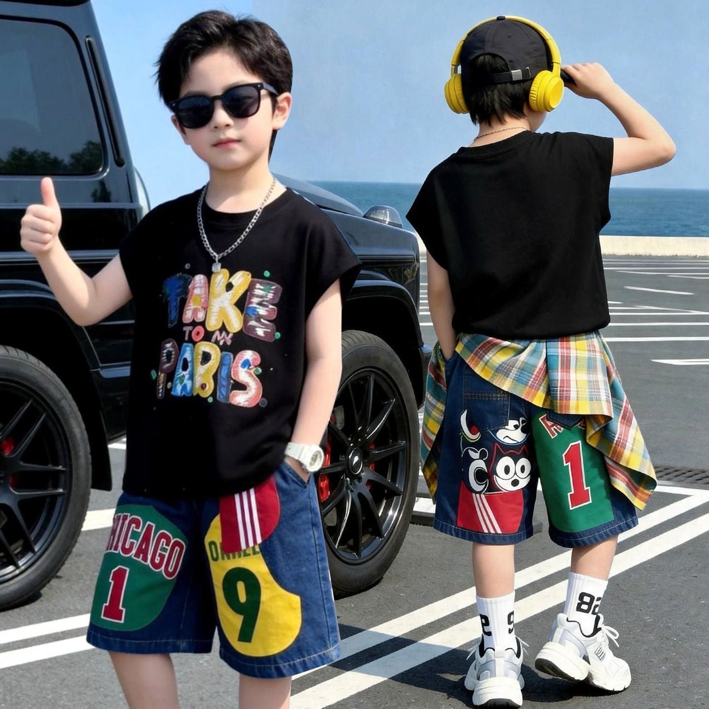 プリント ノースリーブ Tシャツ+ショーツ セットアップ n-169