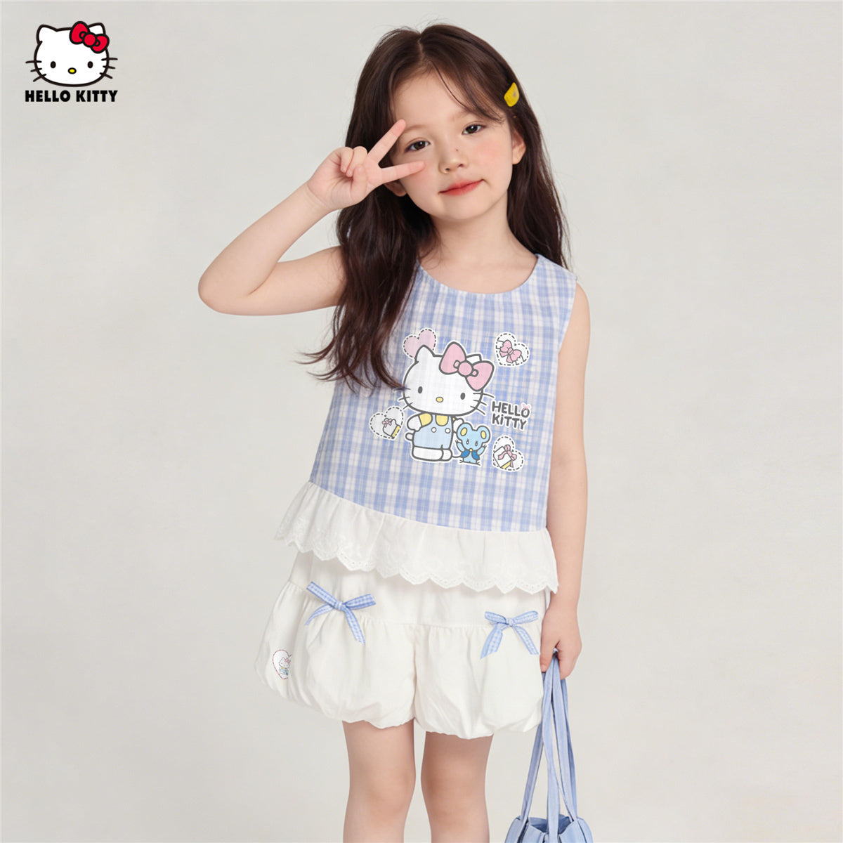 夏にぴったり 水色 チェック柄 可愛い Tシャツ+ショートパンツ セットアップ n-311