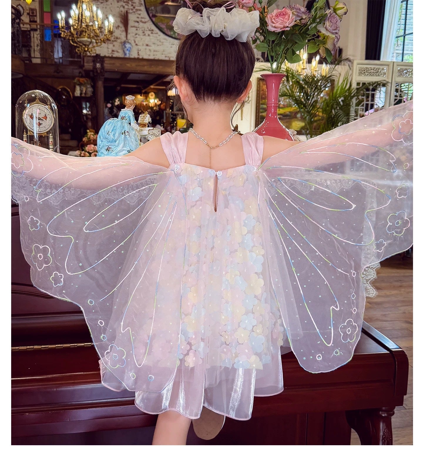 妖精プリンセス 蝶羽チュール付き 立体花総柄 ワンピース n-155