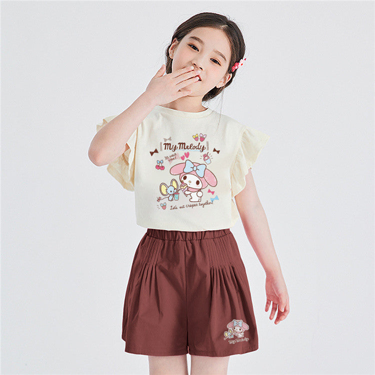 フリル袖 柔らか生地 カジュアル Tシャツ+ショートパンツ セットアップ n-141