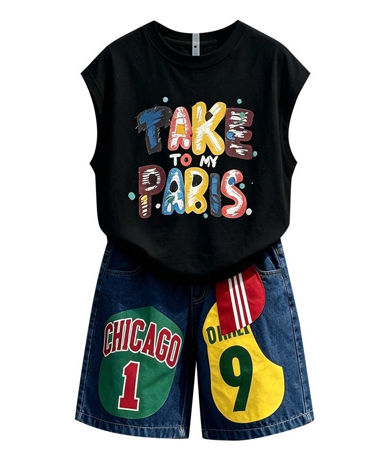プリント ノースリーブ Tシャツ+ショーツ セットアップ n-169