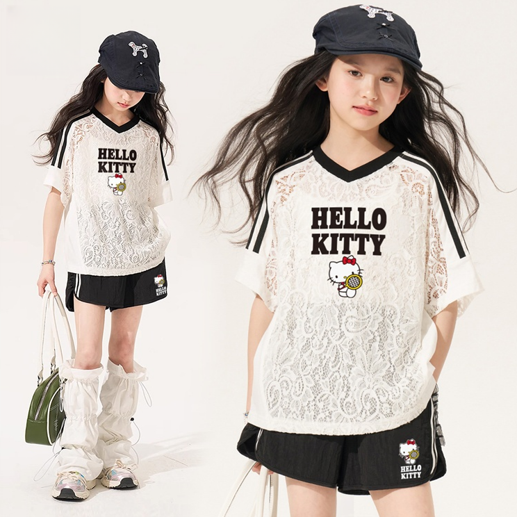 カジュアル派 レース Vネック Tシャツ+ショートパンツ セットアップ n-124