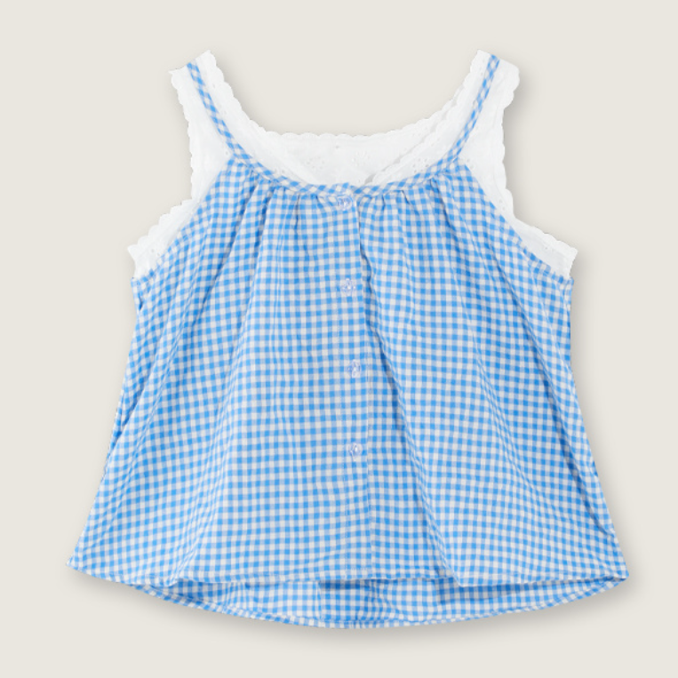 水色 チェック さらさら 夏用 トップス+パンツ セットアップ n-290