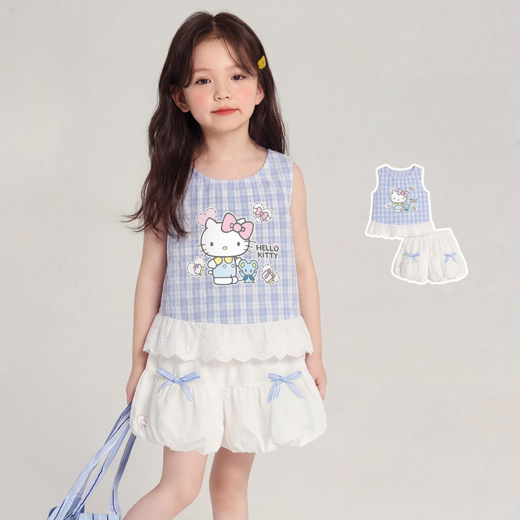 夏にぴったり 水色 チェック柄 可愛い Tシャツ+ショートパンツ セットアップ n-311