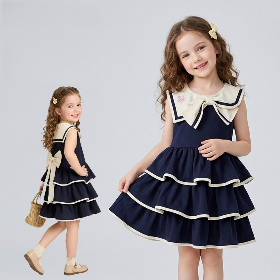 ♡リボン付き マリン襟 濃紺 キッズ 夏服 ワンピース n-317