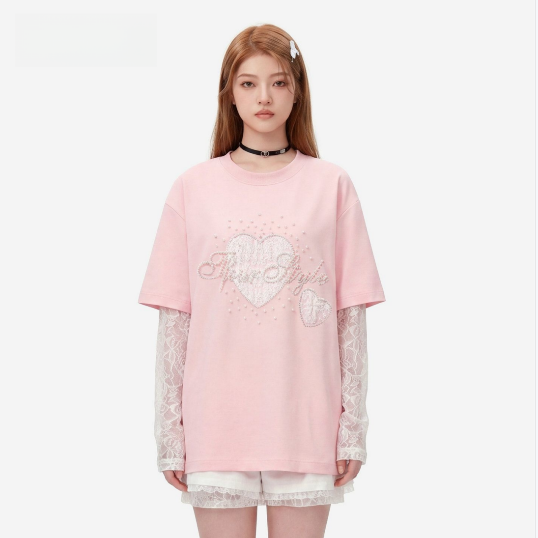 2WAY着こなし パール飾り 重ね着風 取り外しレーススリーブ Tシャツ C-50028