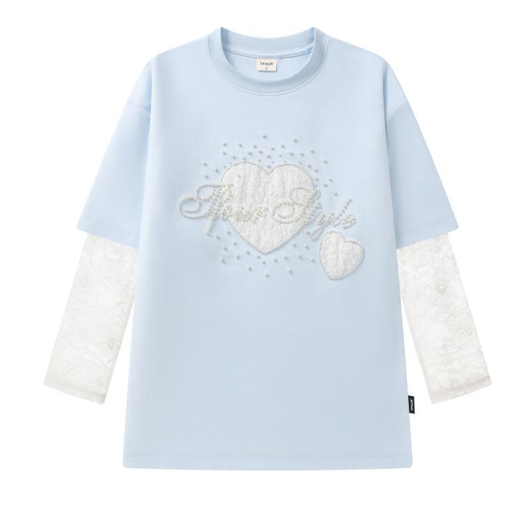 2WAY着こなし パール飾り 重ね着風 取り外しレーススリーブ Tシャツ C-50028