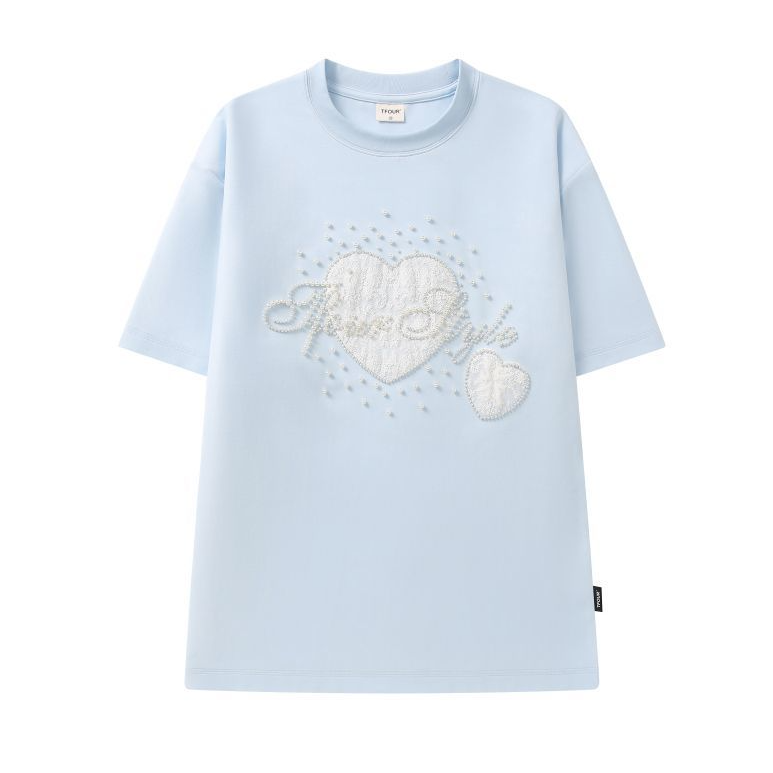 2WAY着こなし パール飾り 重ね着風 取り外しレーススリーブ Tシャツ C-50028