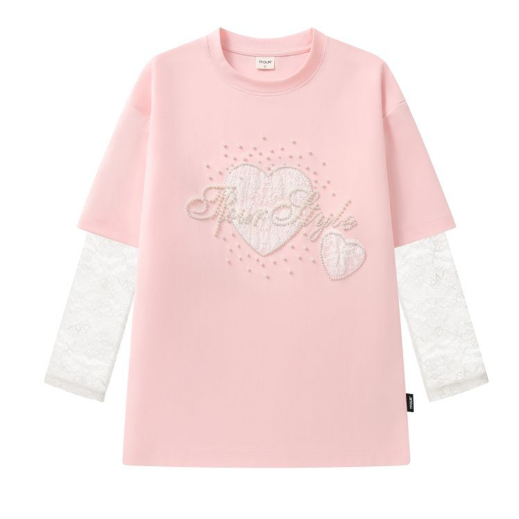 2WAY着こなし パール飾り 重ね着風 取り外しレーススリーブ Tシャツ C-50028