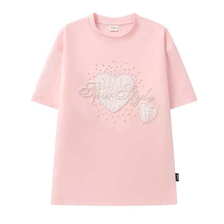2WAY着こなし パール飾り 重ね着風 取り外しレーススリーブ Tシャツ C-50028
