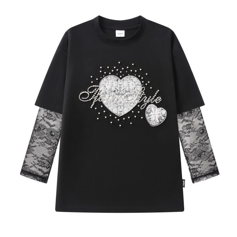 2WAY着こなし パール飾り 重ね着風 取り外しレーススリーブ Tシャツ C-50028