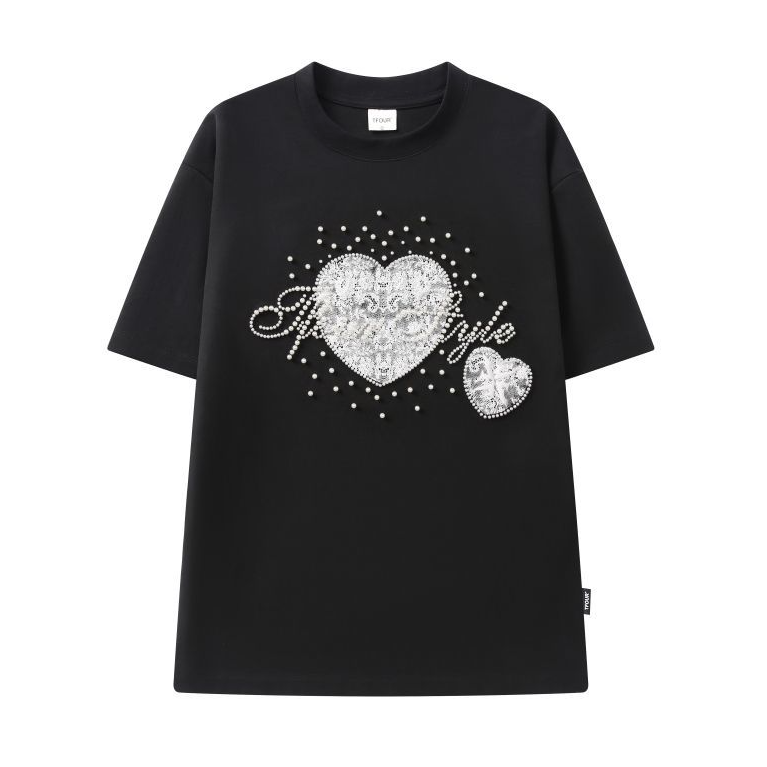 2WAY着こなし パール飾り 重ね着風 取り外しレーススリーブ Tシャツ C-50028