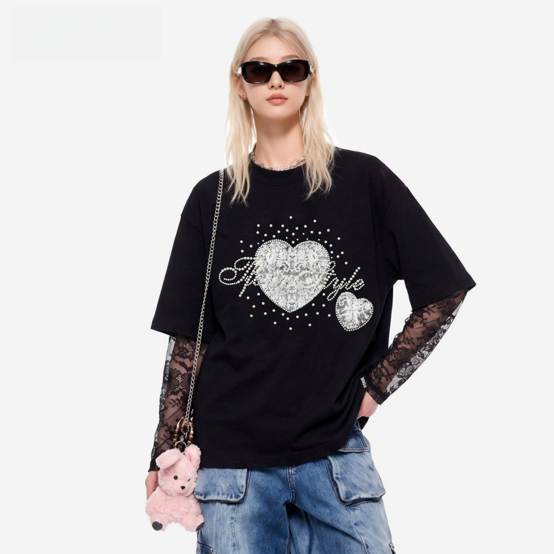 2WAY着こなし パール飾り 重ね着風 取り外しレーススリーブ Tシャツ C-50028