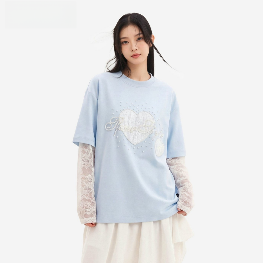 2WAY着こなし パール飾り 重ね着風 取り外しレーススリーブ Tシャツ C-50028