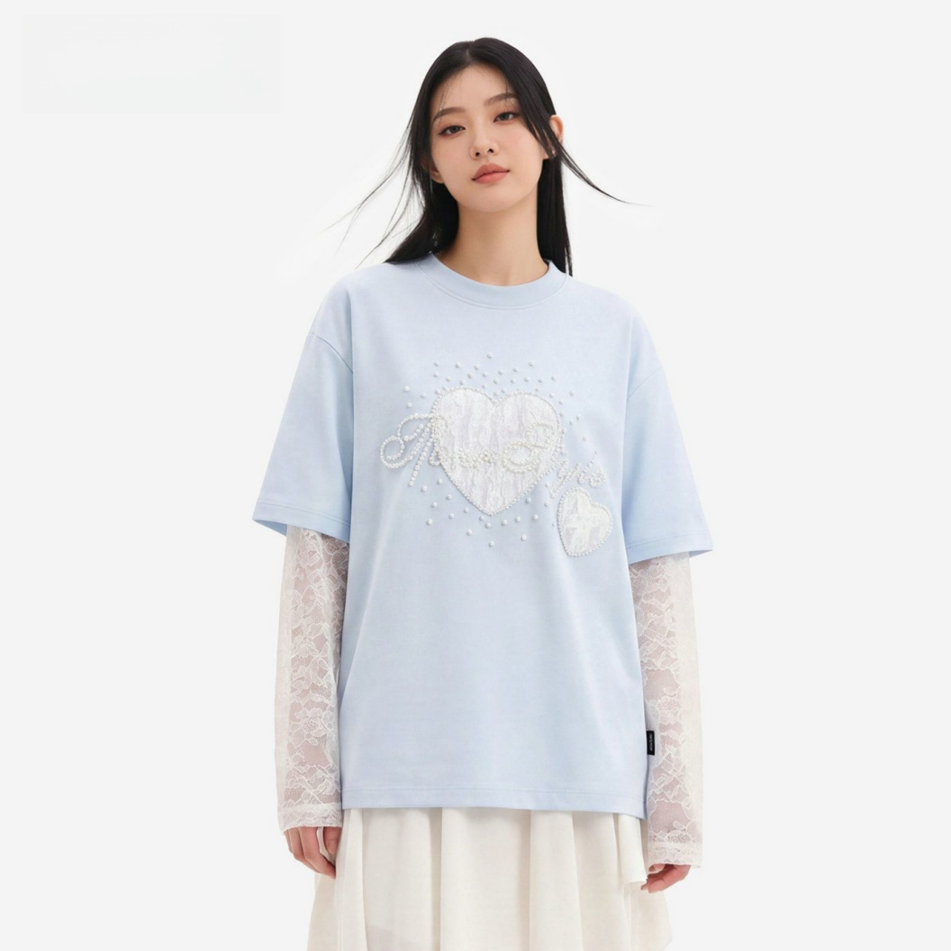 2WAY着こなし パール飾り 重ね着風 取り外しレーススリーブ Tシャツ C-50028