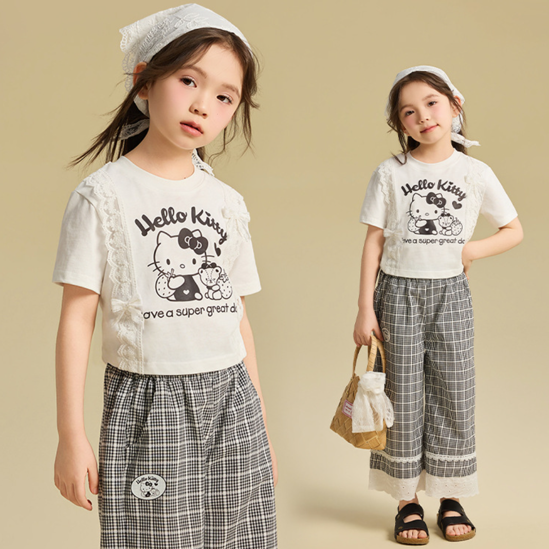 かわいい プリント フリル トップス+チェック カジュアルパンツ セットアップ n-339