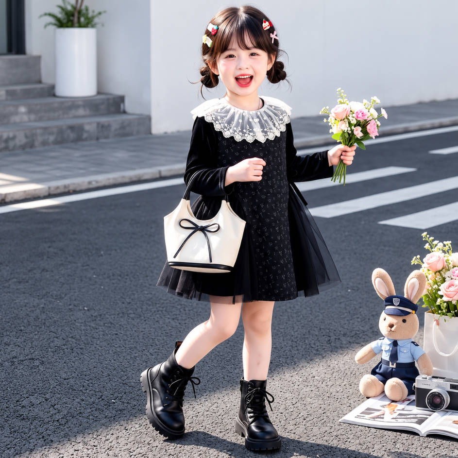 チュール切替 ガーリー 春秋 リボン ワンピース n-418