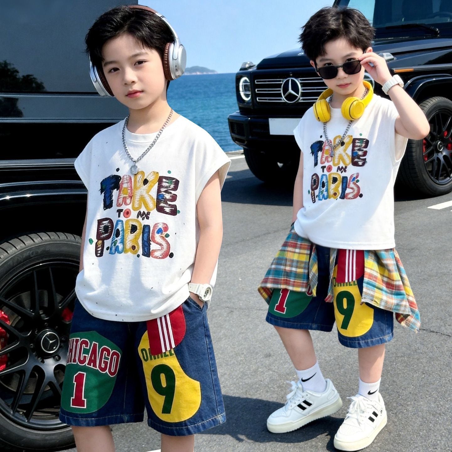 プリント ノースリーブ Tシャツ+ショーツ セットアップ n-169