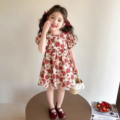 バラ柄 パフスリーブ 女の子夏用 ワンピース n-285