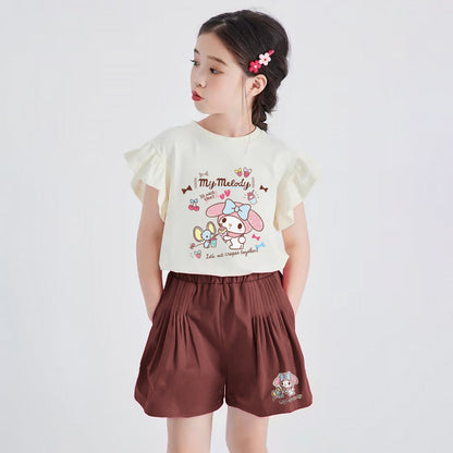フリル袖 柔らか生地 カジュアル Tシャツ+ショートパンツ セットアップ n-141