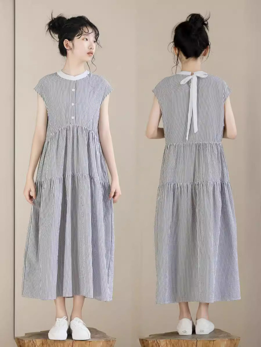 森系 細ストライプ ノースリーブ ワンピース n-279