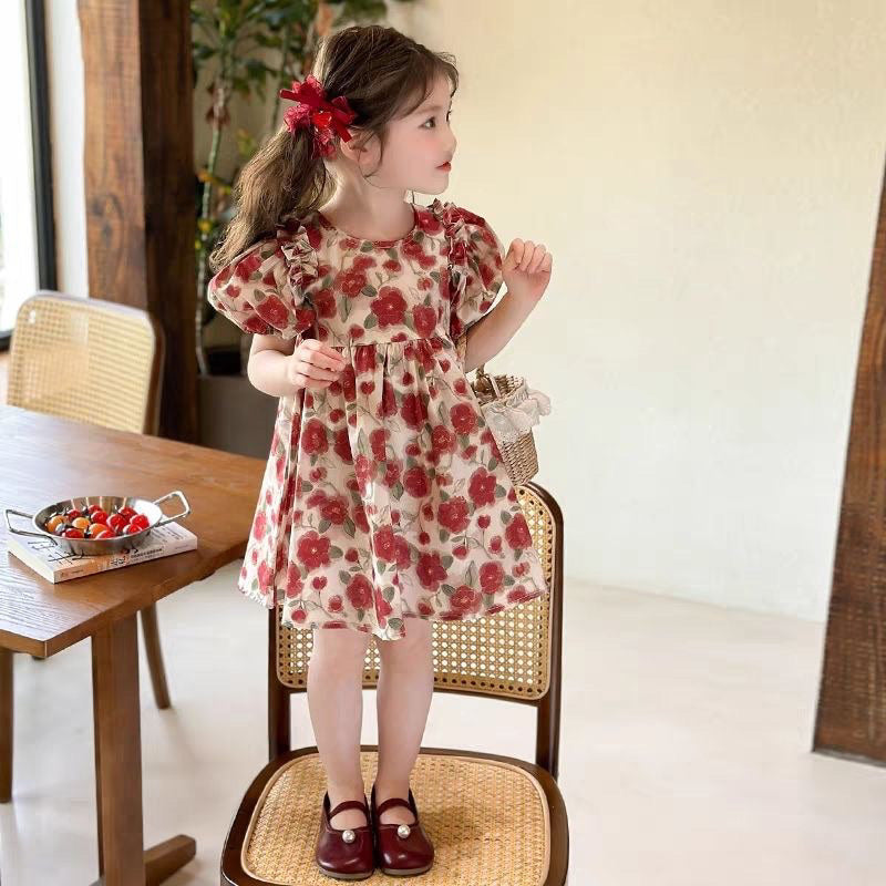 バラ柄 パフスリーブ 女の子夏用 ワンピース n-285