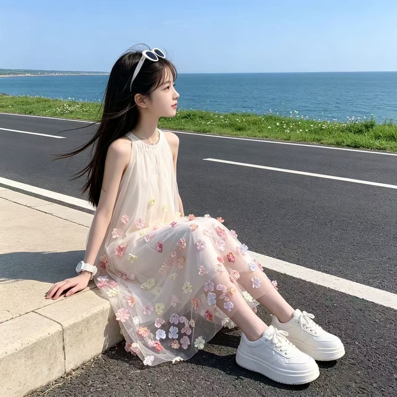 立体花飾り Aライン 子供 マキシワンピース n-137