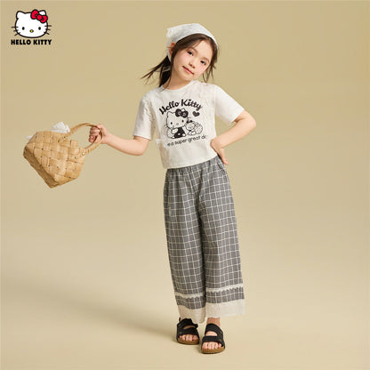 かわいい プリント フリル トップス+チェック カジュアルパンツ セットアップ n-339