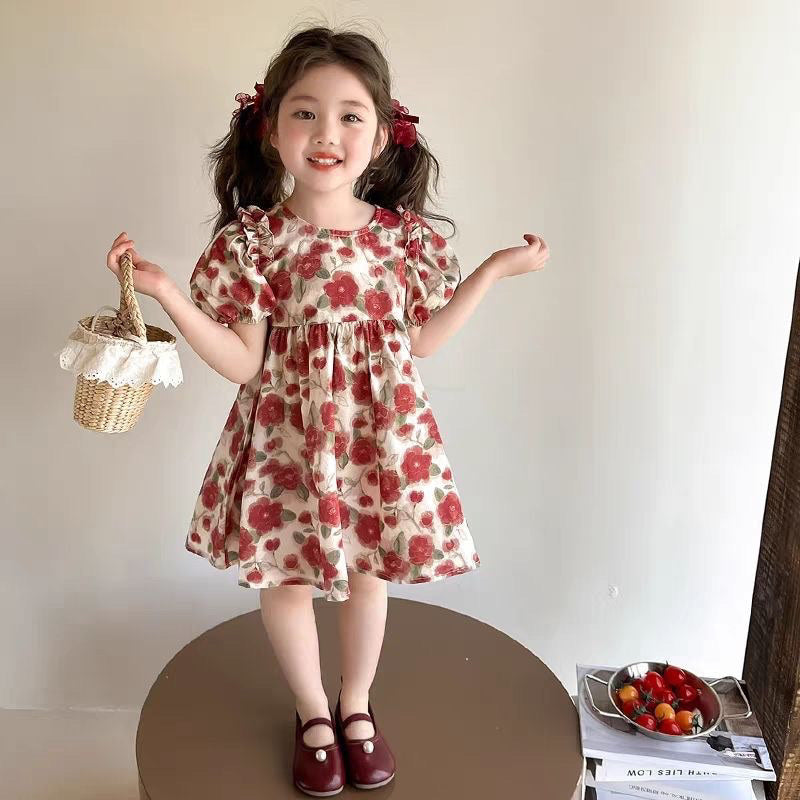 バラ柄 パフスリーブ 女の子夏用 ワンピース n-285