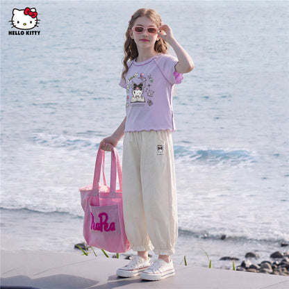 動きやすい 夏用 フリル袖 Tシャツ+ワイドパンツ セットアップ n-314