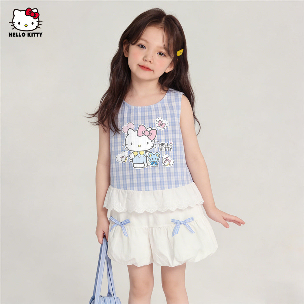 夏にぴったり 水色 チェック柄 可愛い Tシャツ+ショートパンツ セットアップ n-311