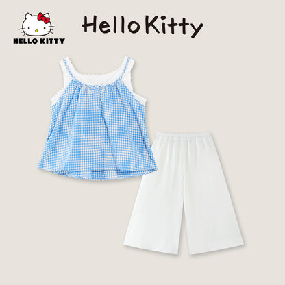 水色 チェック さらさら 夏用 トップス+パンツ セットアップ n-290