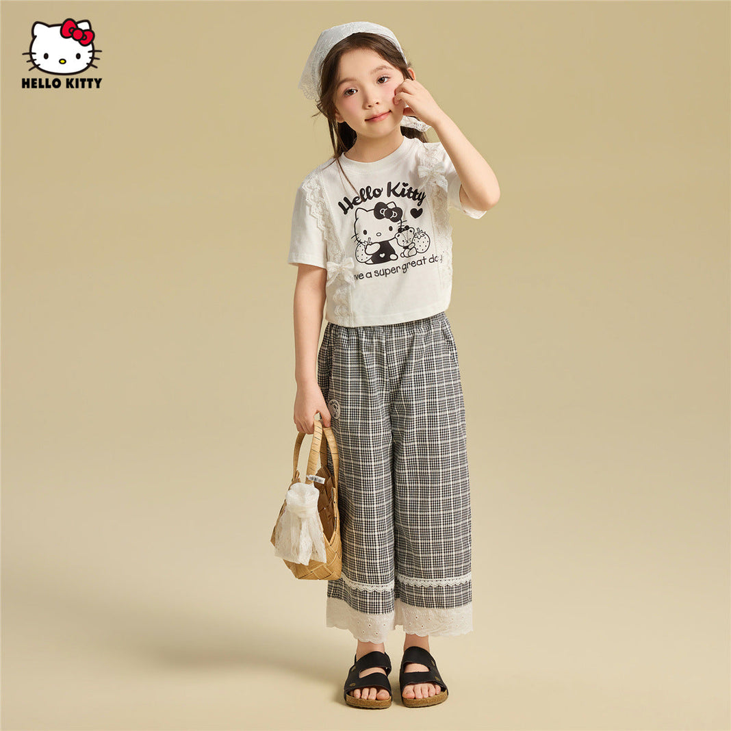 かわいい プリント フリル トップス+チェック カジュアルパンツ セットアップ n-339
