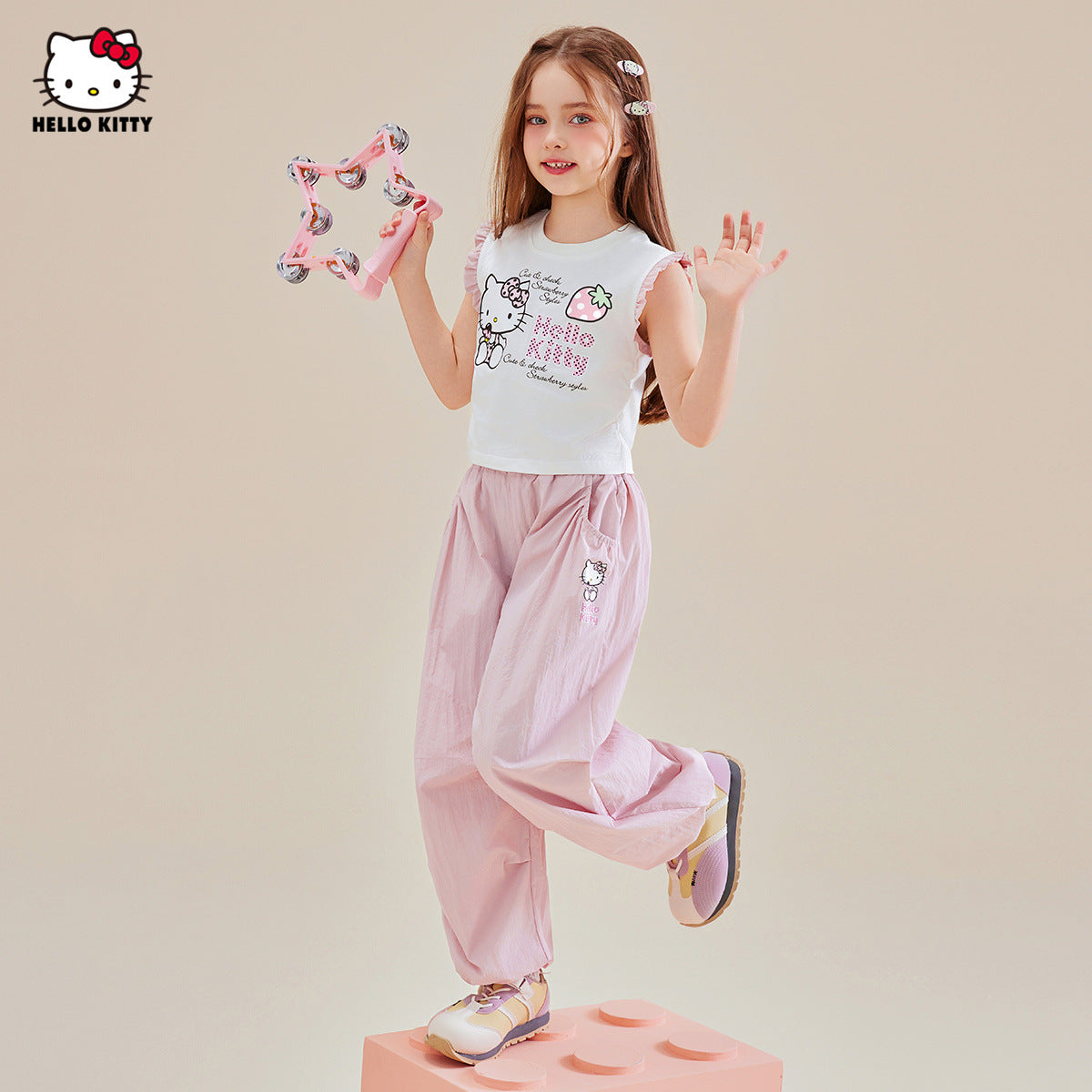 配色 フリル ノースリーブ トップス+カジュアルパンツ セットアップ n-333