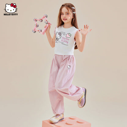 配色 フリル ノースリーブ トップス+カジュアルパンツ セットアップ n-333