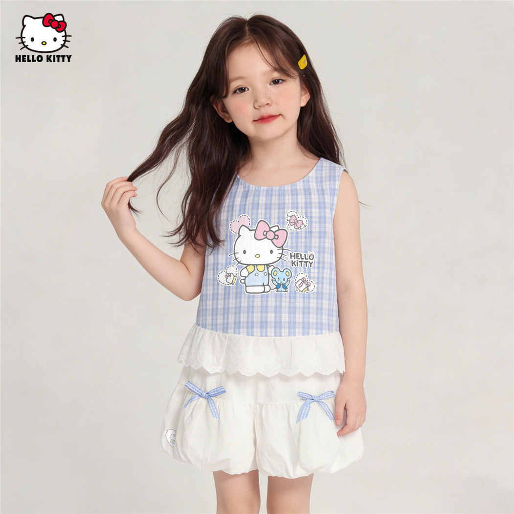夏にぴったり 水色 チェック柄 可愛い Tシャツ+ショートパンツ セットアップ n-311