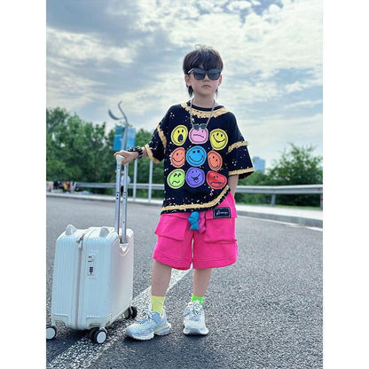 個性派 スマイル顔 Tシャツ+五分丈 ショーツ セットアップ n-168