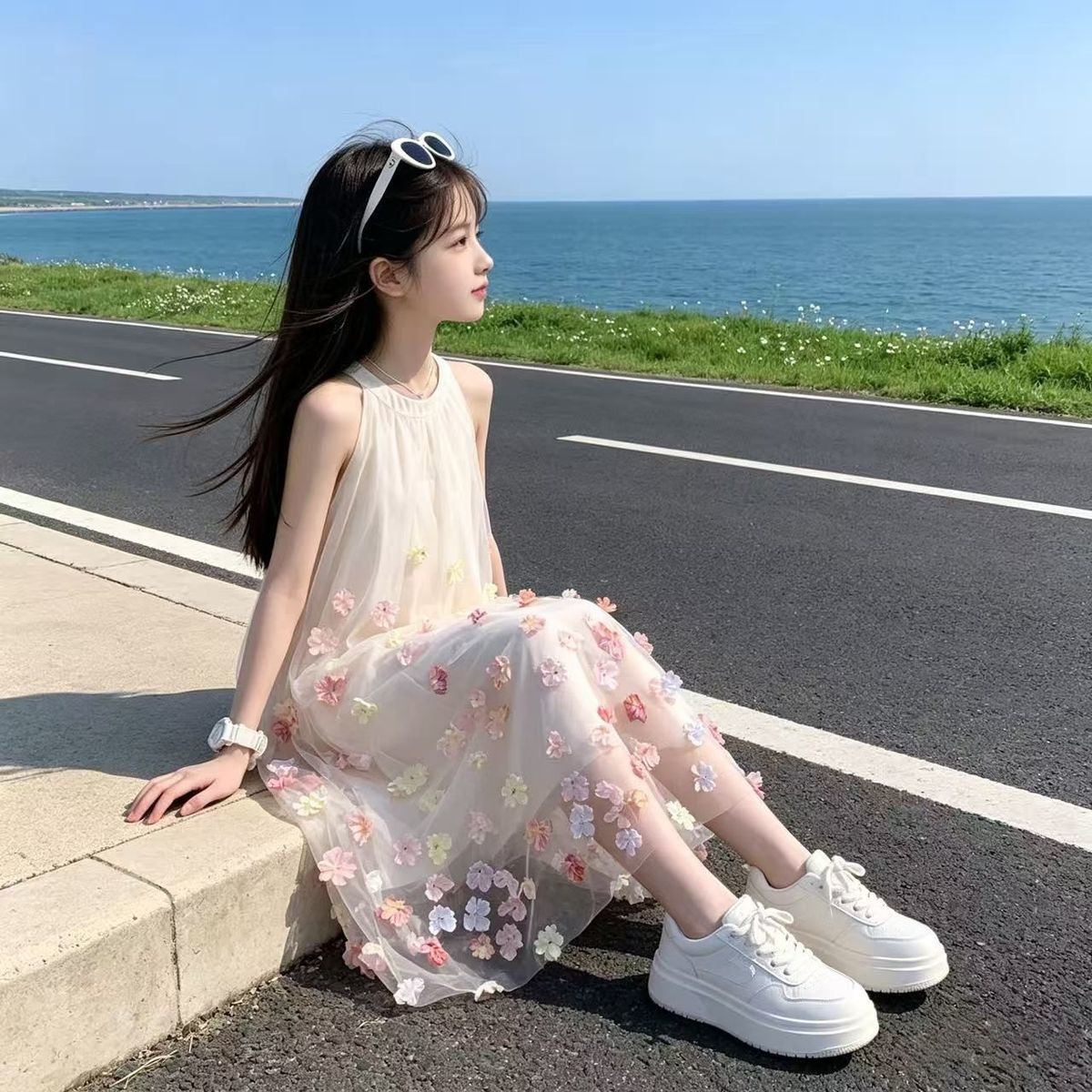 立体花飾り Aライン 子供 マキシワンピース n-137