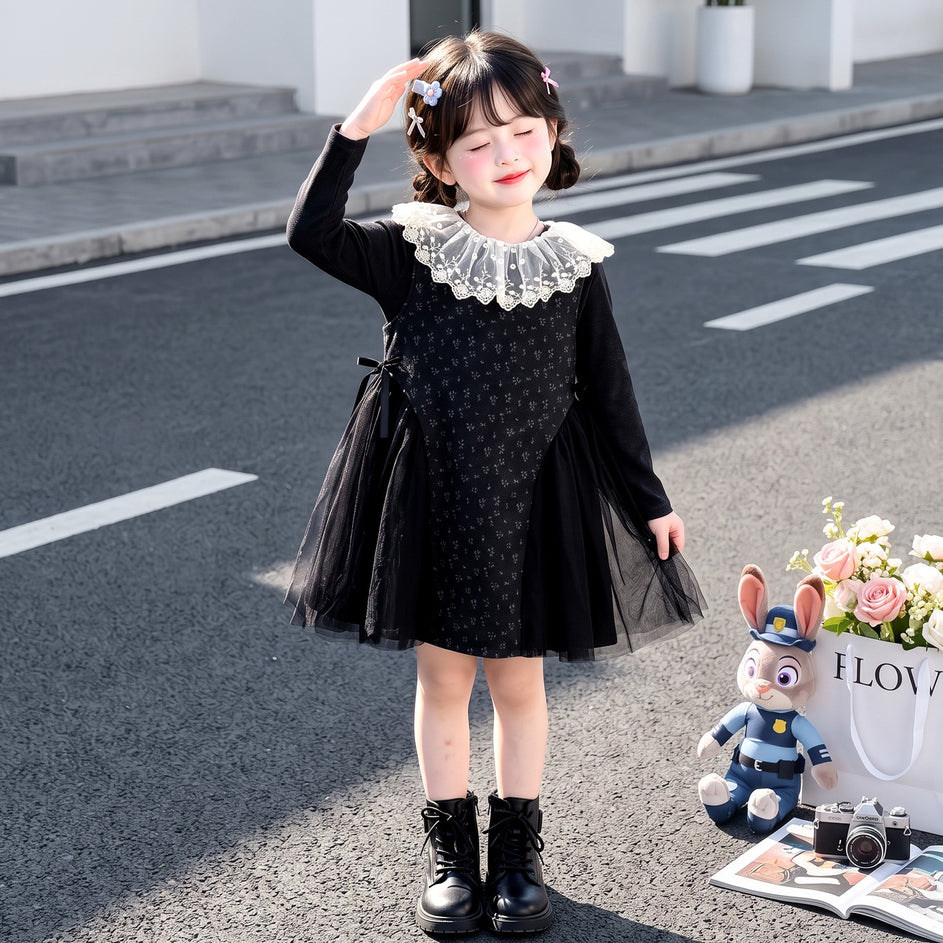 チュール切替 ガーリー 春秋 リボン ワンピース n-418