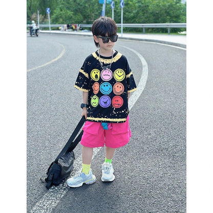 個性派 スマイル顔 Tシャツ+五分丈 ショーツ セットアップ n-168